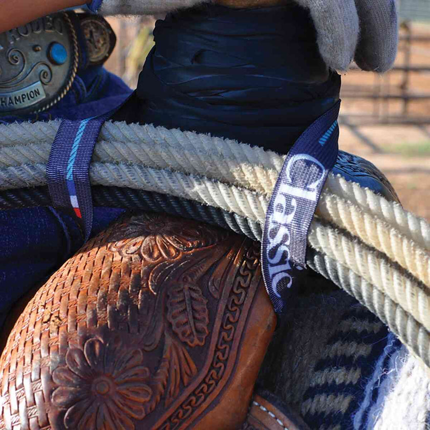 Classic
Elastic Rope Strap shown holding rope on a saddle as example 
