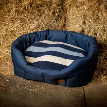 Horseware® Newmarket Dog Bed with blue outer and witney blue fleece full view from top