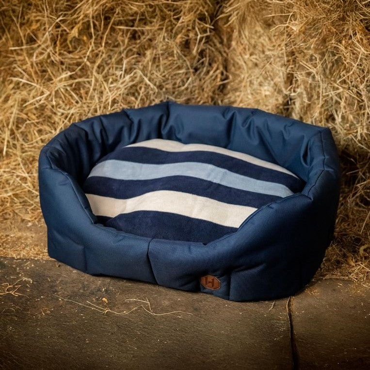 Horseware® Newmarket Dog Bed with blue outer and witney blue fleece full view from top