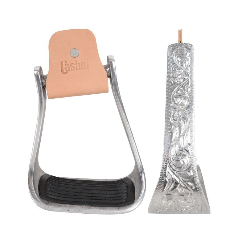 Aluminum Engraved Slanted Stirrup shown from front and from side.