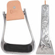 Aluminum Engraved Slanted Stirrup showing front view and side 