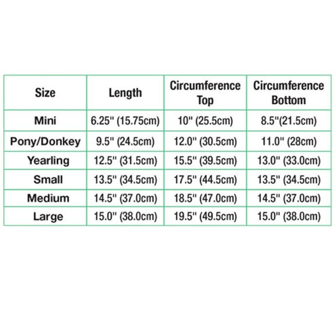 Shoofly Size Chart showing the length, Top and Bottom Circumference for each of the six sizes in inches and centimeters.