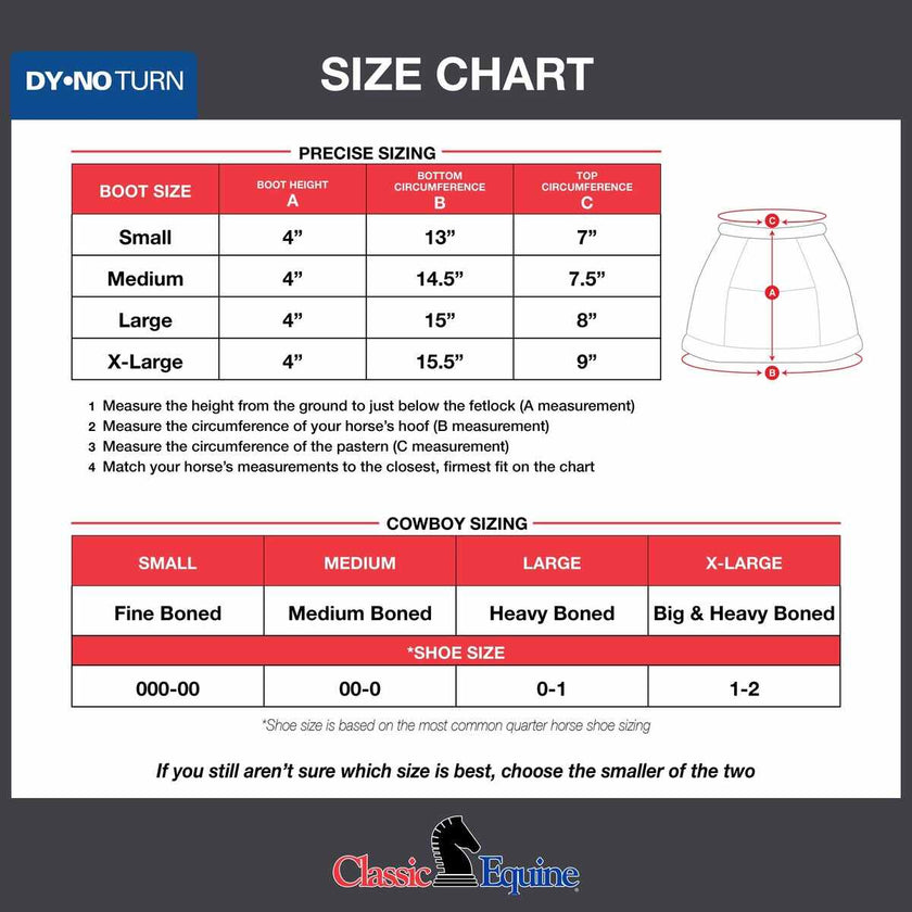 DyNo Turn Bell Boots size chart with details and cowboy sizing
