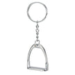 Silver colored keychain with a stirrup design on a white background