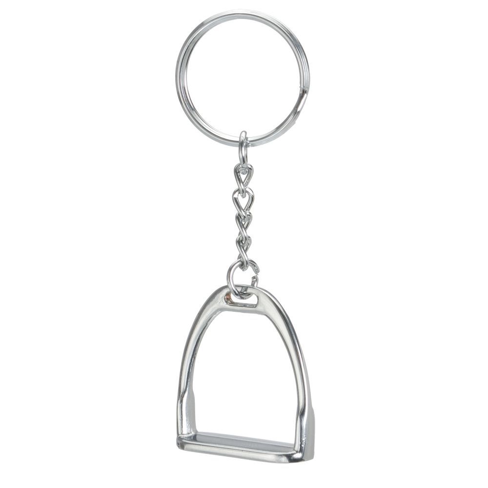 Silver colored keychain with a stirrup design on a white background