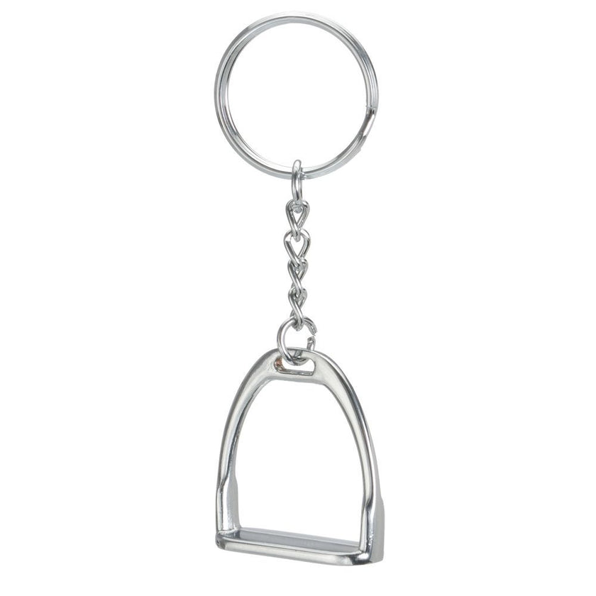 Silver colored keychain with a stirrup design on a white background