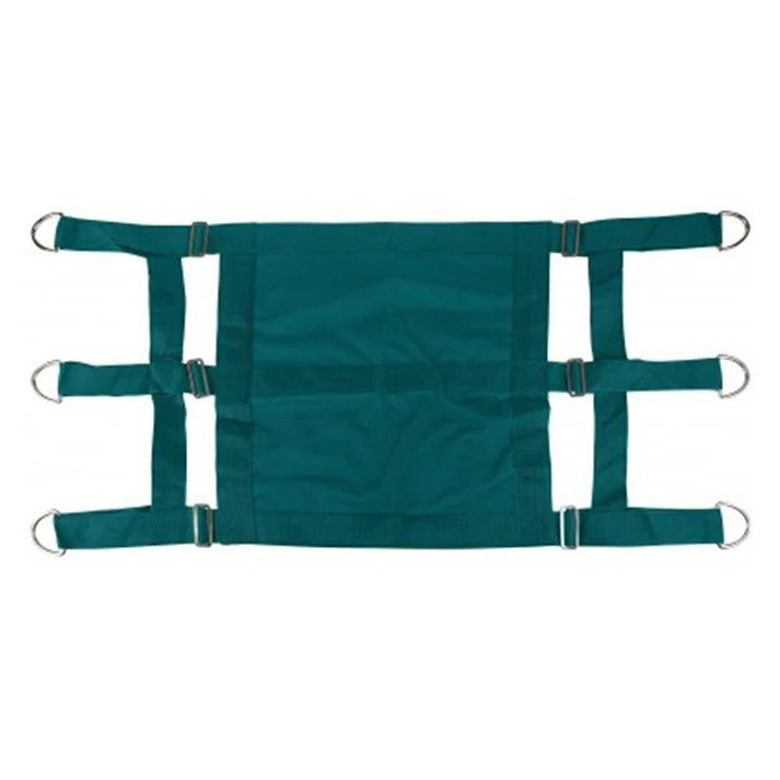 Turquoise horse stall guard with straps on a white background
