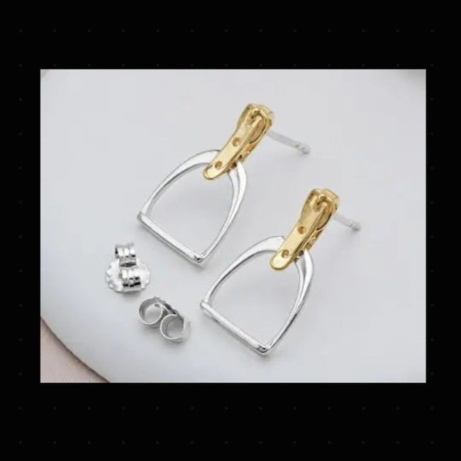 Two Tone Stirrup Earrings - Pair of gold and silver earrings