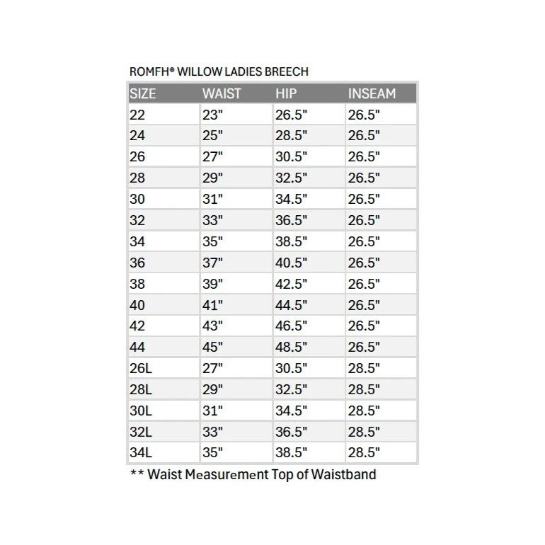 Ladies Willow Knee Patch Winter Breech size guide