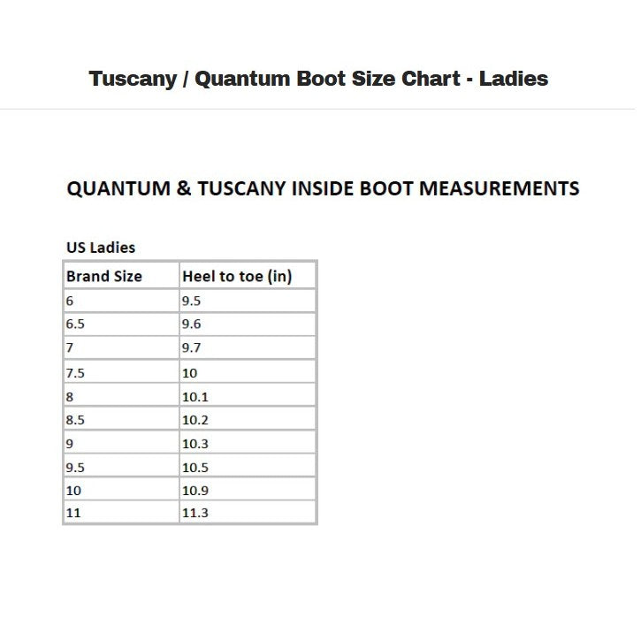 Women's Tuscany Zip Paddock Boots size chart shows brand size with heel to toe inches for each size.