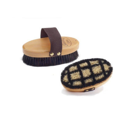 Equi Wood Back Small Body Horsehair Brush front and back sides.