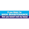 A bumper sticker with a blue background featuring the text 'IF YOU THINK I'M HIGH MAINTENANCE THEN YOU HAVEN'T MET MY HORSE!'