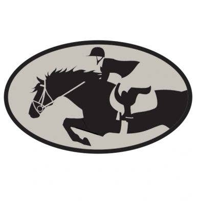 An oval-shaped vinyl sticker featuring a silhouette of a horse jumping and rider in the center, with a black background and a visible horse's head and body.