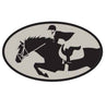 An oval-shaped vinyl sticker featuring a silhouette of a horse jumping and rider in the center, with a black background and a visible horse's head and body.