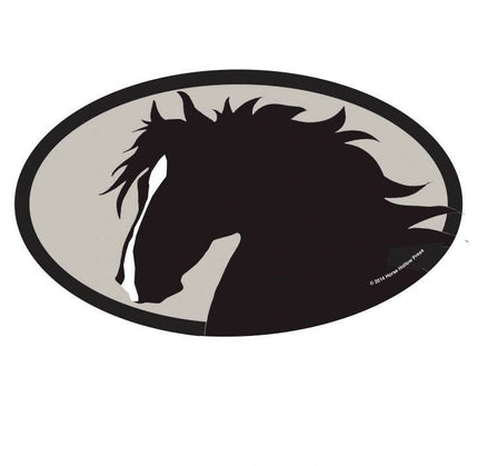 Oval vinyl sticker featuring a black silhouette of a horse with flowing mane on a light background.
