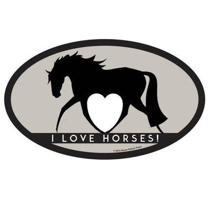 An oval sticker with the image of a horse and the text 'I LOVE HORSES!'