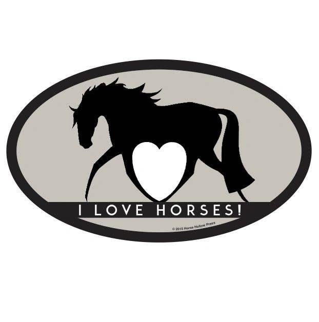 An oval sticker with the image of a horse and the text 'I LOVE HORSES!'