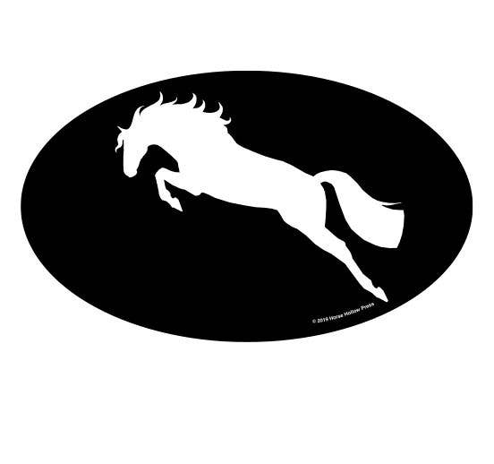 An oval sticker featuring a white silhouette of a jumper horse on a black background.