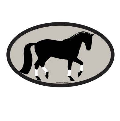 An oval sticker featuring a black horse. The sticker has a gray background with a black silhouette of a horse.