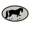 An oval sticker featuring a black horse. The sticker has a gray background with a black silhouette of a horse.