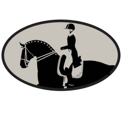 An oval equestrian horse sticker featuring a silhouette of a person riding a horse, riding piaffe