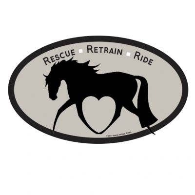 An oval equestrian horse sticker with the slogans 'Rescue', 'Retrain', and 'Ride' incorporated into the design.