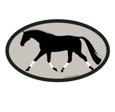 An oval sticker depicting a black horse with white leg wraps and a black mane and tail, designed by June Evers, Horse Hollow Press.
