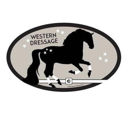 Oval sticker with a black silhouette of a horse and the text 'WESTERN DRESSAGE' surrounded by stars.