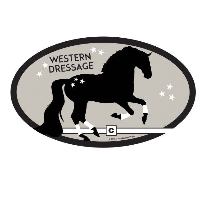 Oval sticker with a black silhouette of a horse and the text 'WESTERN DRESSAGE' surrounded by stars.