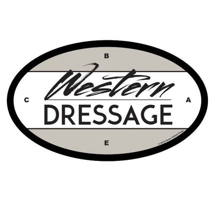 Oval sticker with the text 'Western Dressage' designed in a white and black color scheme.