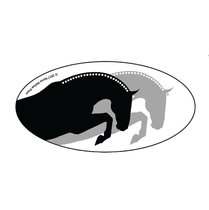 A black and white oval sticker design featuring two horses in a tandem position, resembling a hunter derby scene.