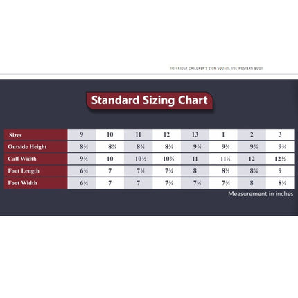 TuffRider® Children's Zion Square Toe Western Boot Size Chart in inches.
