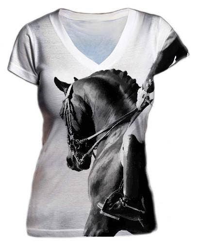 Black and white V-neck T-Shirt with Dressage Horse and rider